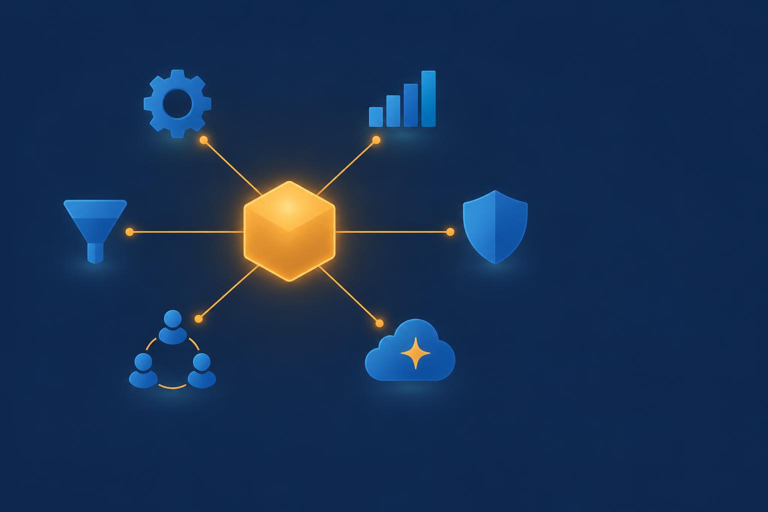 Diagram of a central control hub connecting operations, growth, sales, governance, team and AI tools