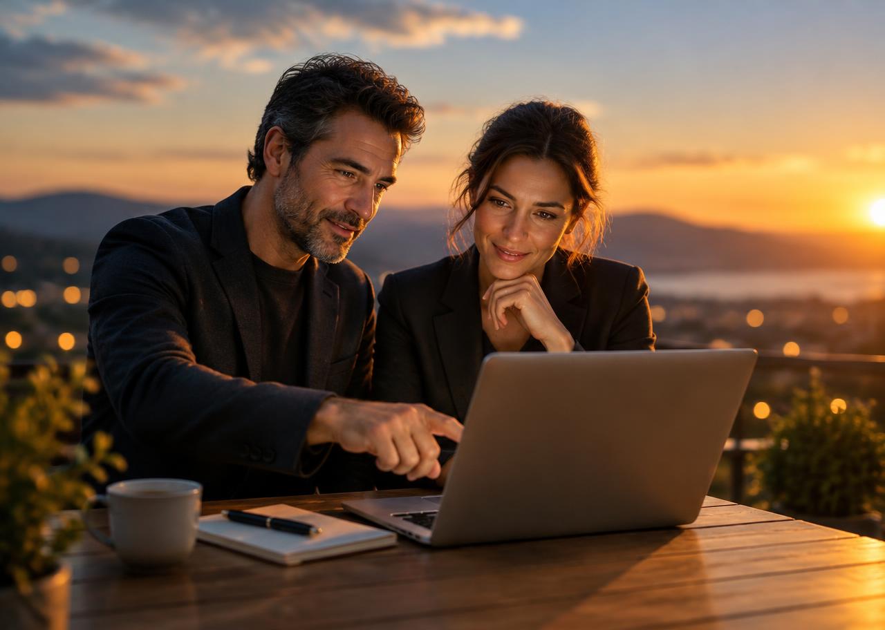 Two colleagues reviewing a laptop together on a terrace at sunset